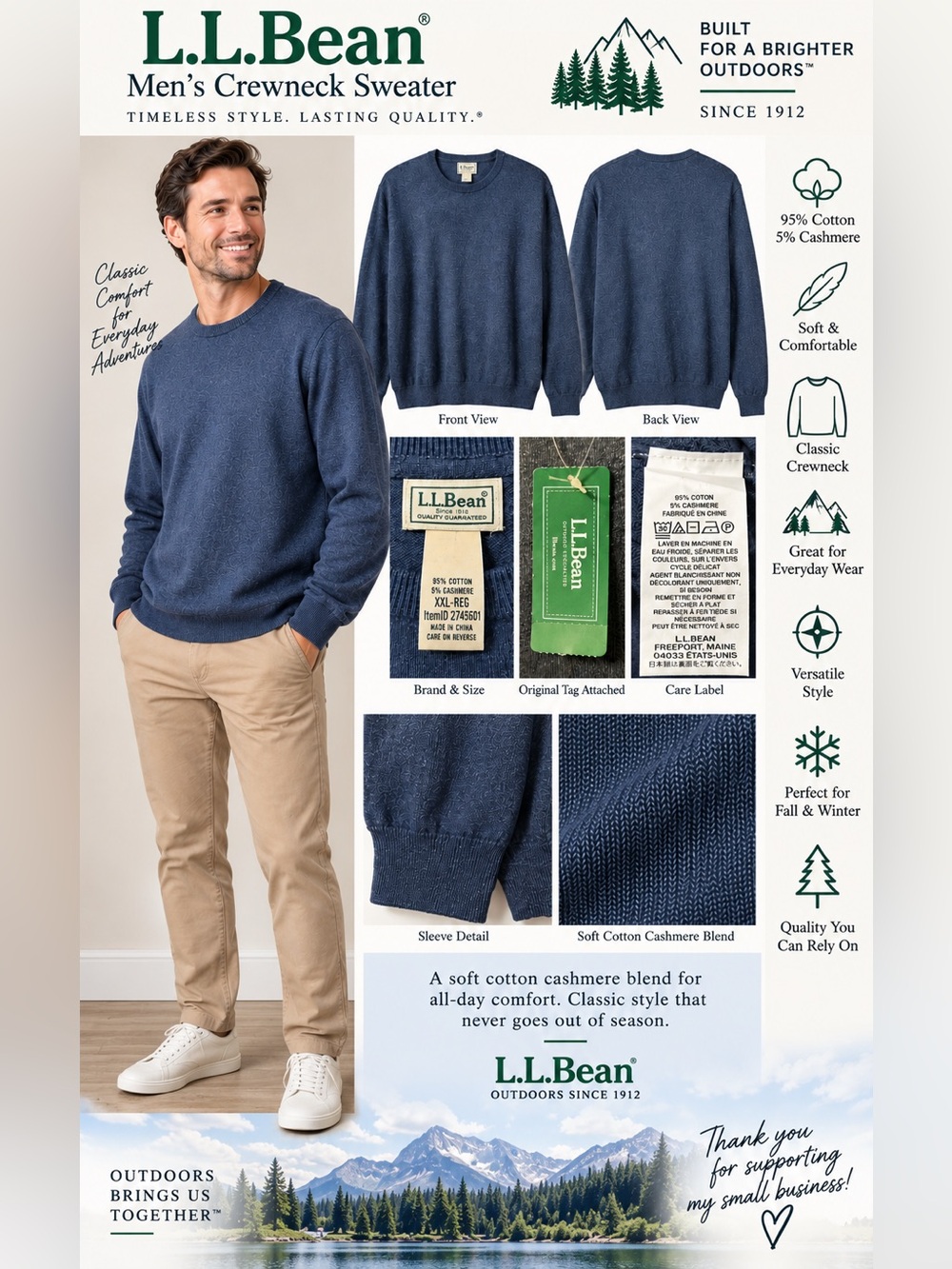 L.L.Bean Men’s XXL Blue Cotton Cashmere Crewneck Sweater 95% Cotton 5% Cashmere